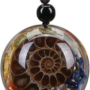 7 Chakra Gemstone Crystal Necklace Ammonite Fossil Resin Pendant Necklace Life T
